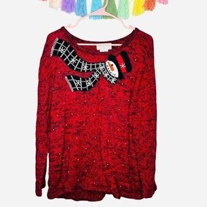 Vintage Mandal Bay Embellished Winter Snowman Pearl Marled Red Sweater Size XXL
